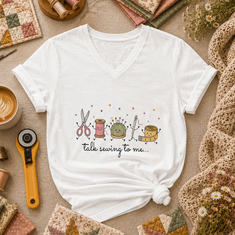 Talk Sewing To Me Funny Quilter Women's V-Neck - White