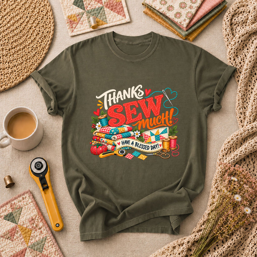 Thanks Sew Much Have A Blessed Day T-Shirt - Military Green