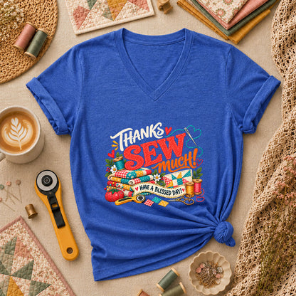 Thanks Sew Much Have A Blessed Day Women's V-Neck - Heather True Royal