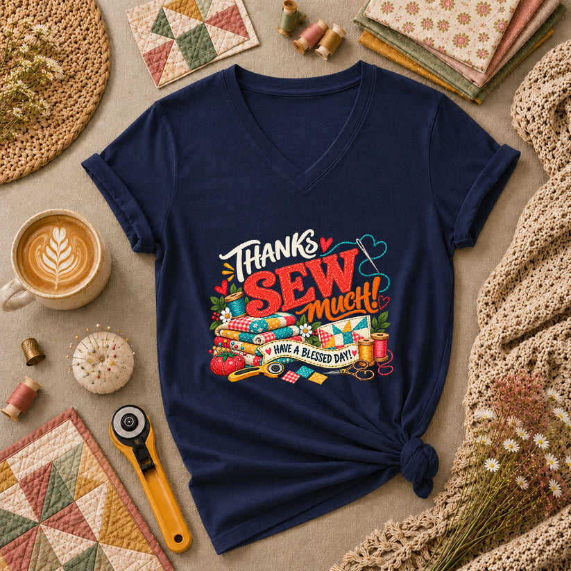 Thanks Sew Much Have A Blessed Day Women's V-Neck - Navy