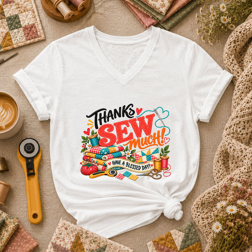 Thanks Sew Much Have A Blessed Day Women's V-Neck - White