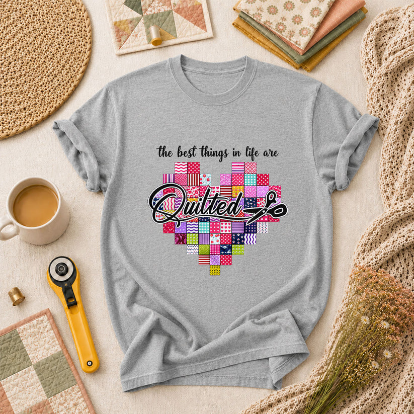 The Best Things In Life Are Quilted Patchwork Heart T-Shirt - Athletic Heather