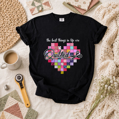 The Best Things In Life Are Quilted Patchwork Heart T-Shirt - Black