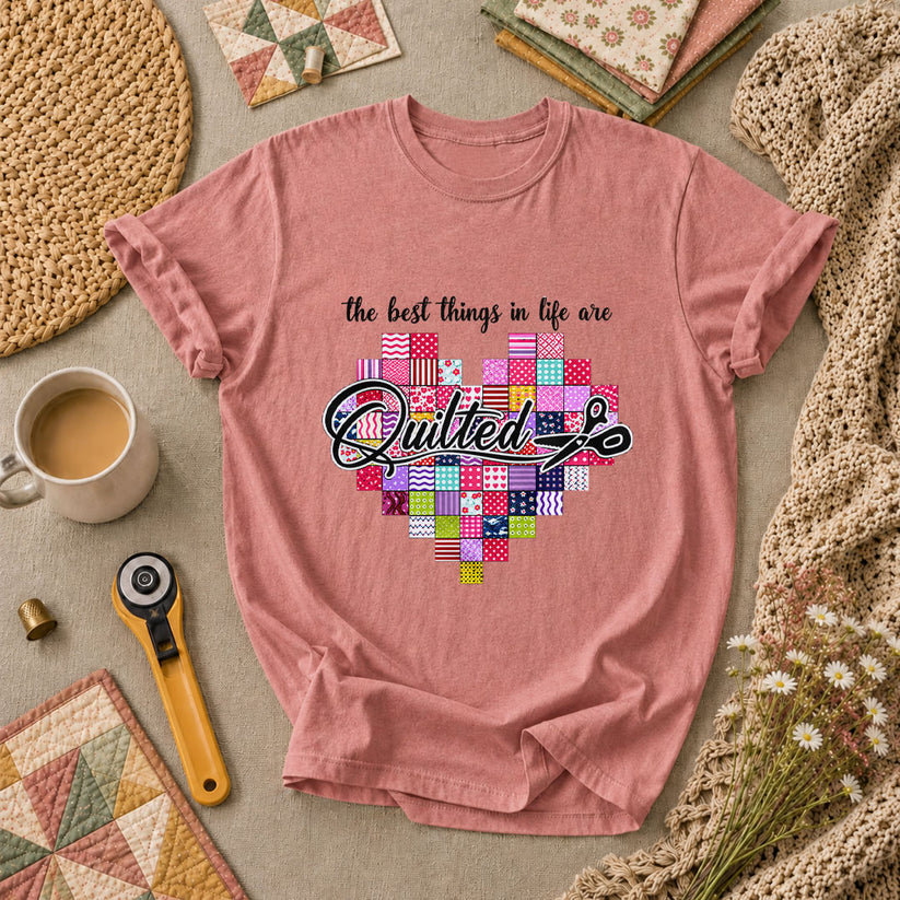 The Best Things In Life Are Quilted Patchwork Heart T-Shirt - Heather Mauve