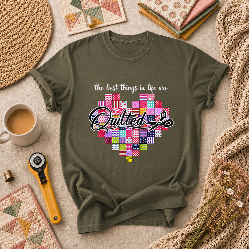 The Best Things In Life Are Quilted Patchwork Heart T-Shirt - Military Green