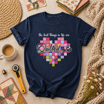 The Best Things In Life Are Quilted Patchwork Heart T-Shirt - Navy