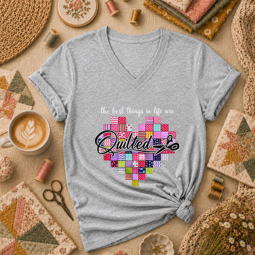 The Best Things In Life Are Quilted Patchwork Heart Women's V-Neck - Athletic Heather