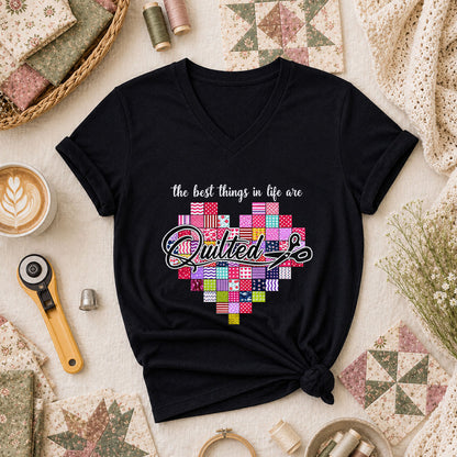 The Best Things In Life Are Quilted Patchwork Heart Women's V-Neck - Black