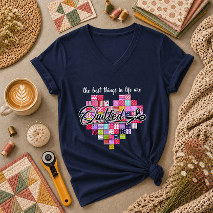 The Best Things In Life Are Quilted Patchwork Heart Women's V-Neck - Navy