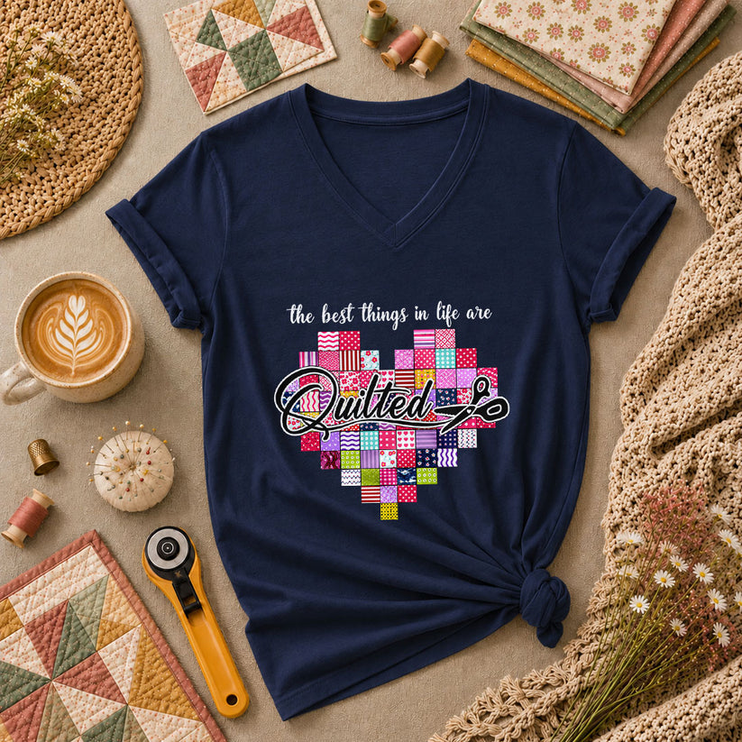 The Best Things In Life Are Quilted Patchwork Heart Women's V-Neck - Navy