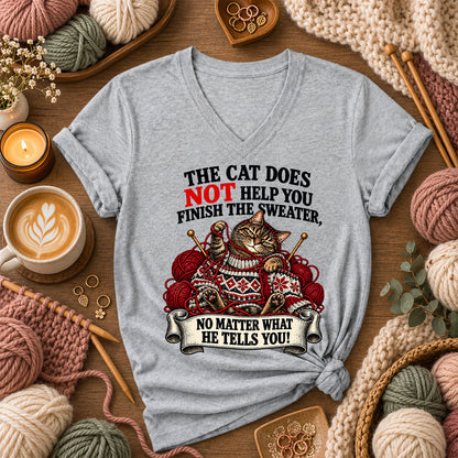 The Cat Does Not Help You Finish The Sweater Women's V-Neck - Athletic Heather