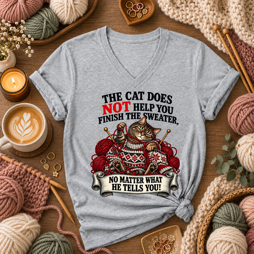 The Cat Does Not Help You Finish The Sweater Women's V-Neck - Athletic Heather