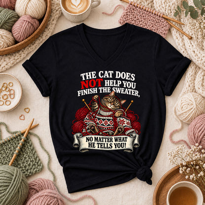 The Cat Does Not Help You Finish The Sweater Women's V-Neck - Black