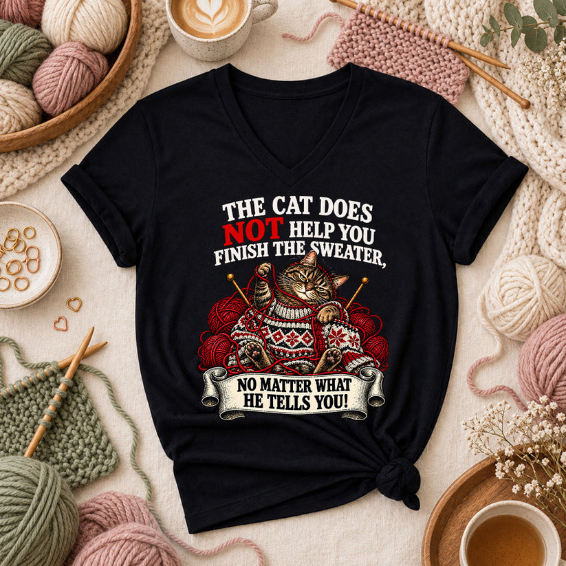 The Cat Does Not Help You Finish The Sweater Women's V-Neck - Black