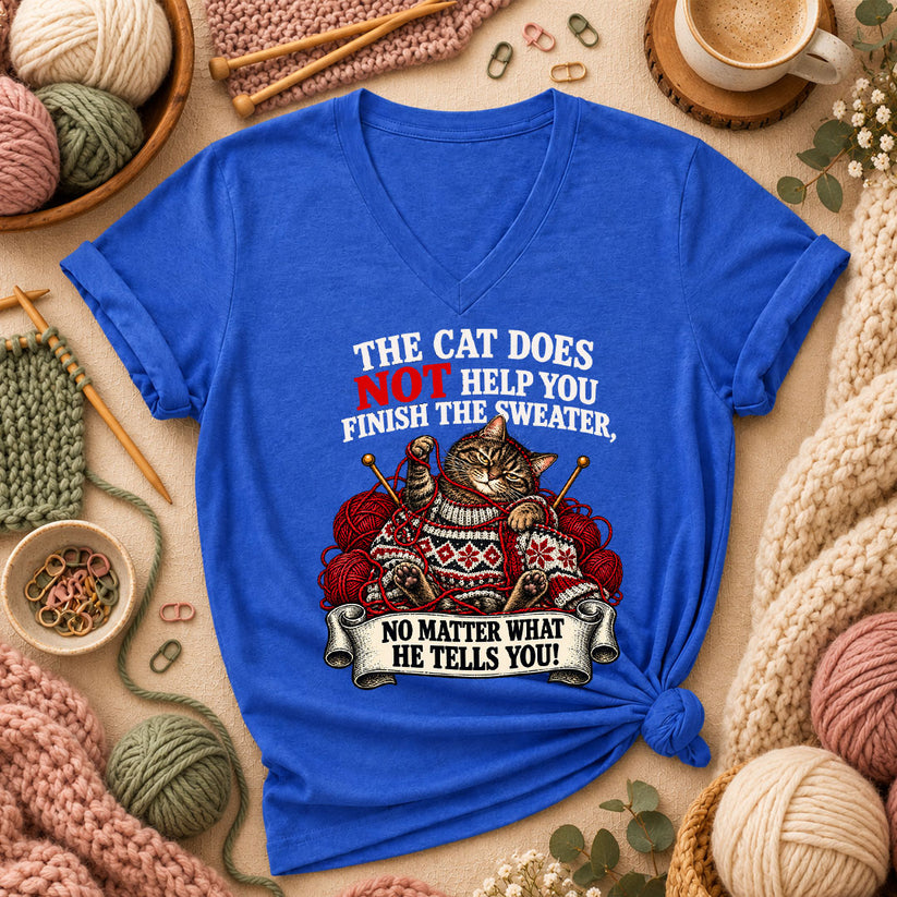 The Cat Does Not Help You Finish The Sweater Women's V-Neck - Heather True Royal