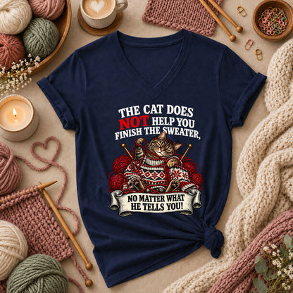 The Cat Does Not Help You Finish The Sweater Women's V-Neck - Navy