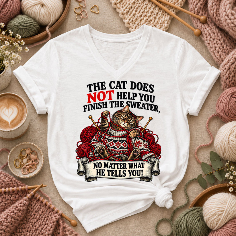 The Cat Does Not Help You Finish The Sweater Women's V-Neck - White