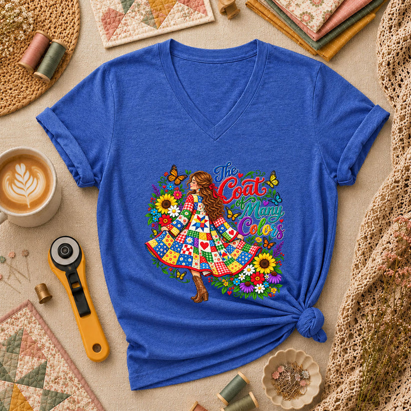 The Coat Of Many Colors Patchwork Women's V-Neck - Heather True Royal