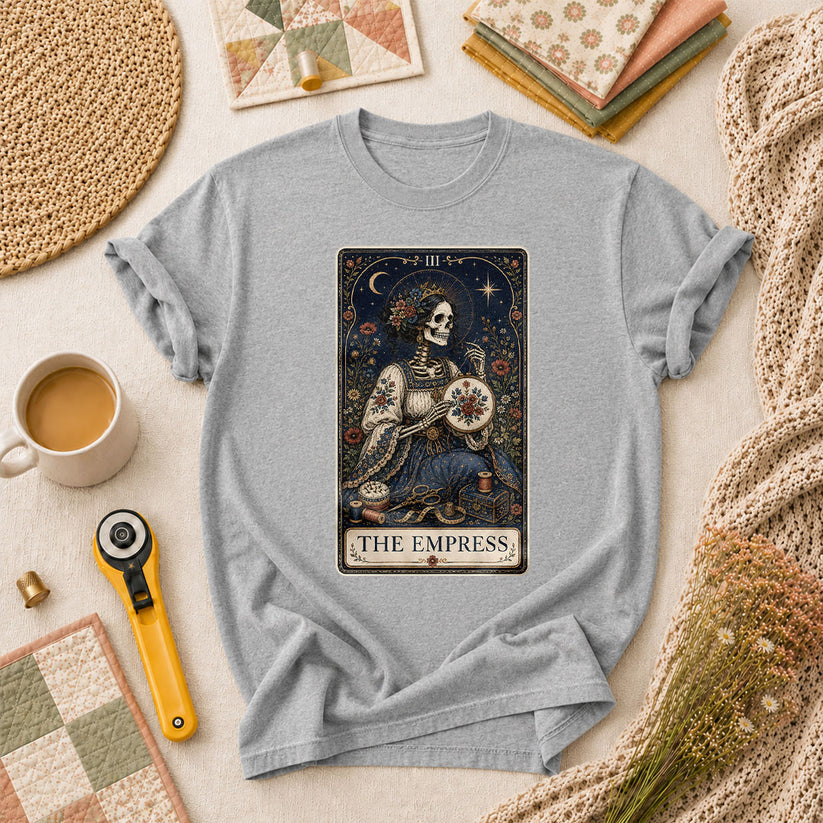 The Empress Tarot Card Skeleton Embroidery T-Shirt - Athletic Heather