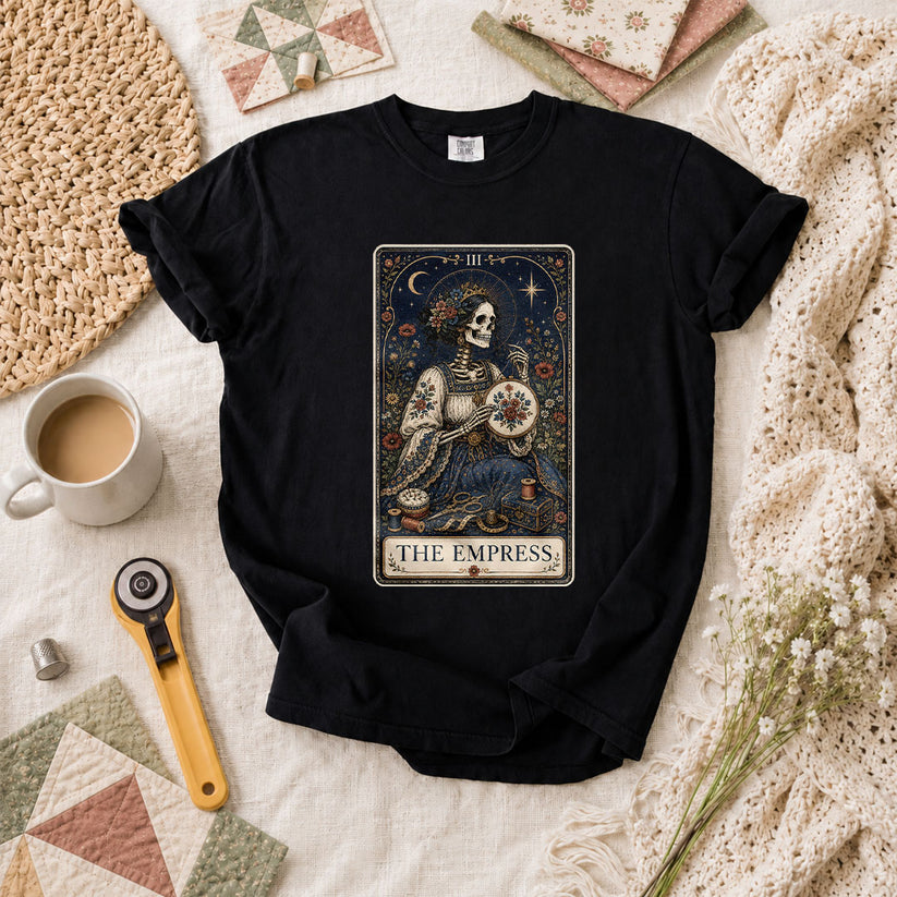 The Empress Tarot Card Skeleton Embroidery T-Shirt - Black