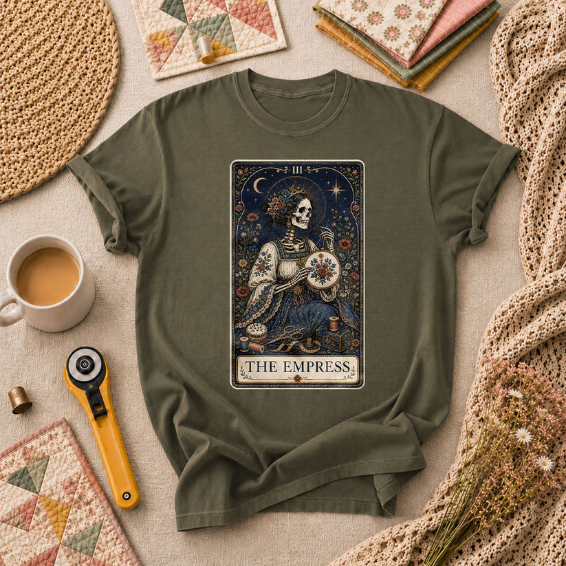 The Empress Tarot Card Skeleton Embroidery T-Shirt - Military Green