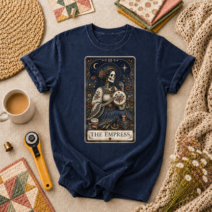 The Empress Tarot Card Skeleton Embroidery T-Shirt - Navy