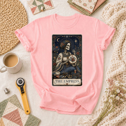 The Empress Tarot Card Skeleton Embroidery T-Shirt - Pink