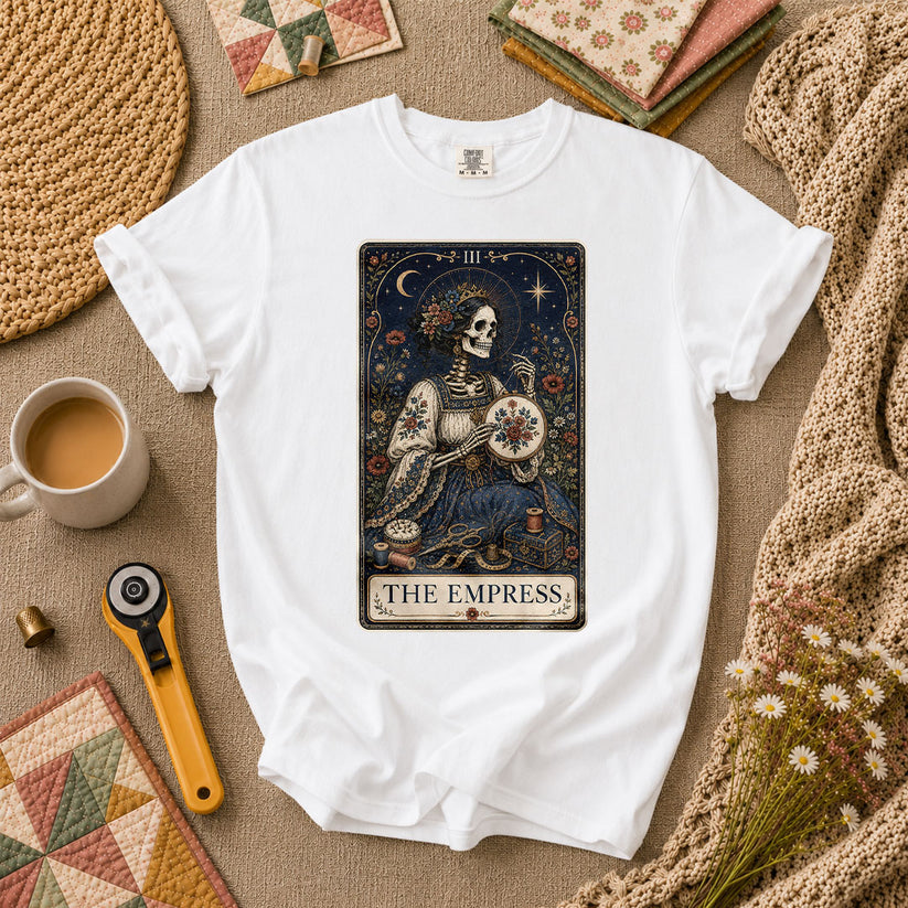 The Empress Tarot Card Skeleton Embroidery T-Shirt - White