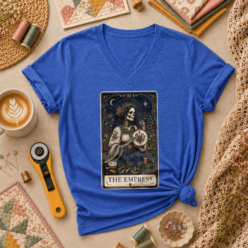 The Empress Tarot Card Skeleton Embroidery Women's V-Neck - Heather True Royal