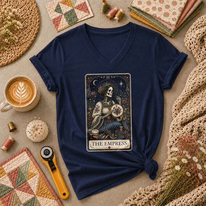 The Empress Tarot Card Skeleton Embroidery Women's V-Neck - Navy