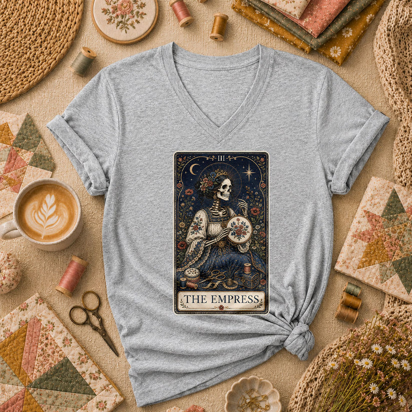 The Empress Tarot Card Skeleton Embroidery Women's V-Neck - Sport Grey