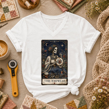 The Empress Tarot Card Skeleton Embroidery Women's V-Neck - White