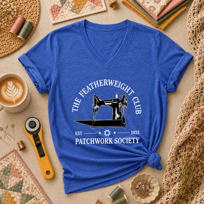 The Featherweight Club Patchwork Society 1933 Women's V-Neck - Heather True Royal