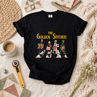The Golden Stitchers Abbey Road Quilting Grannies T-Shirt - Black
