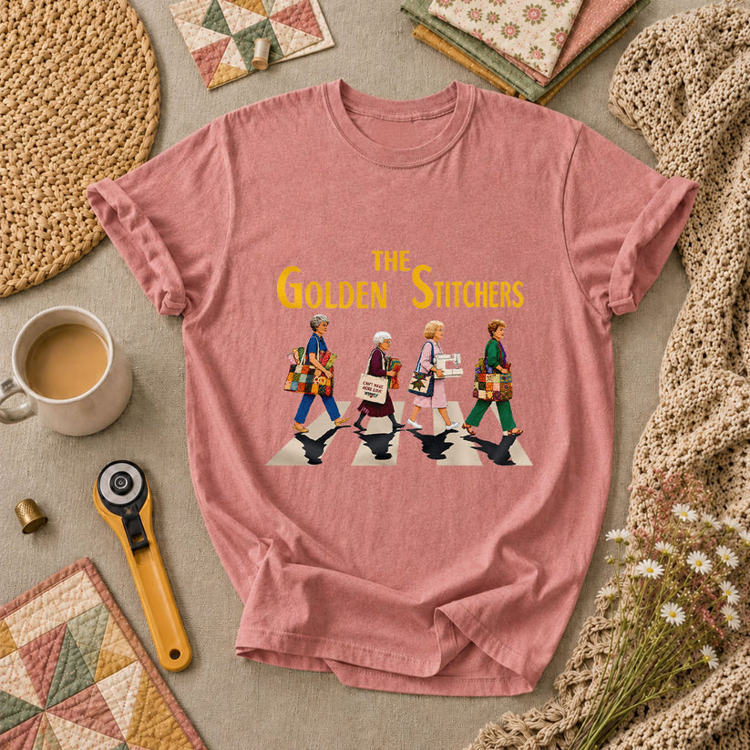 The Golden Stitchers Abbey Road Quilting Grannies T-Shirt - Heather Mauve