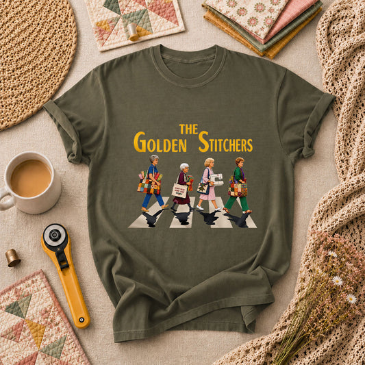 The Golden Stitchers Abbey Road Quilting Grannies T-Shirt - Military Green
