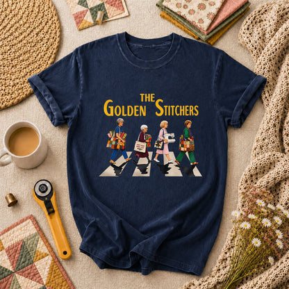The Golden Stitchers Abbey Road Quilting Grannies T-Shirt - Navy