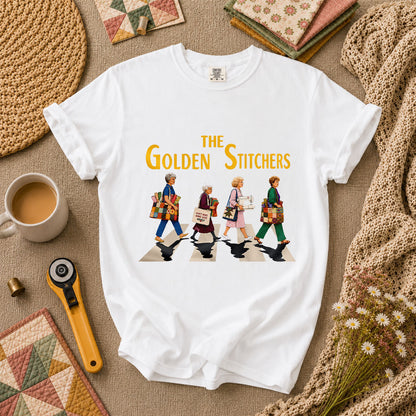 The Golden Stitchers Abbey Road Quilting Grannies T-Shirt - White