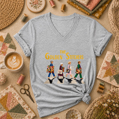 The Golden Stitchers Abbey Road Quilting Grannies Women's V-Neck - Athletic Heather