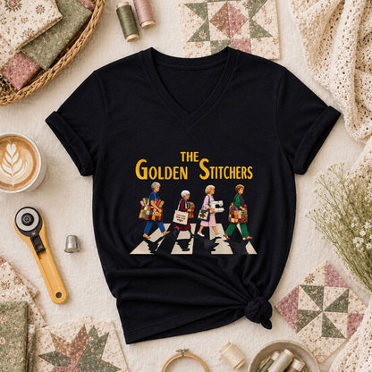 The Golden Stitchers Abbey Road Quilting Grannies Women's V-Neck - Black