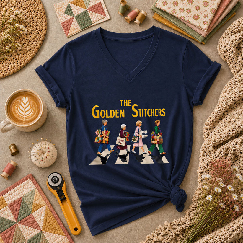 The Golden Stitchers Abbey Road Quilting Grannies Women's V-Neck - Navy