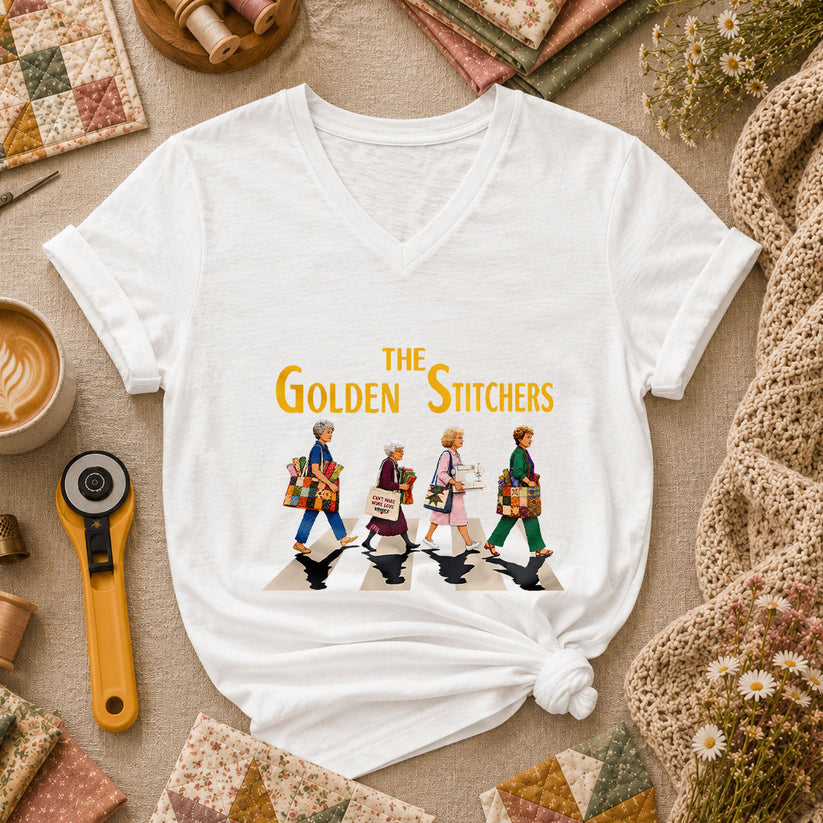 The Golden Stitchers Abbey Road Quilting Grannies Women's V-Neck - White