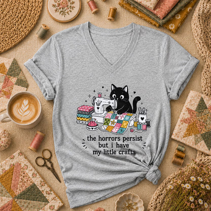 The Horrors Persist But I Have My Little Crafts Cat Women's V-Neck - Athletic Heather