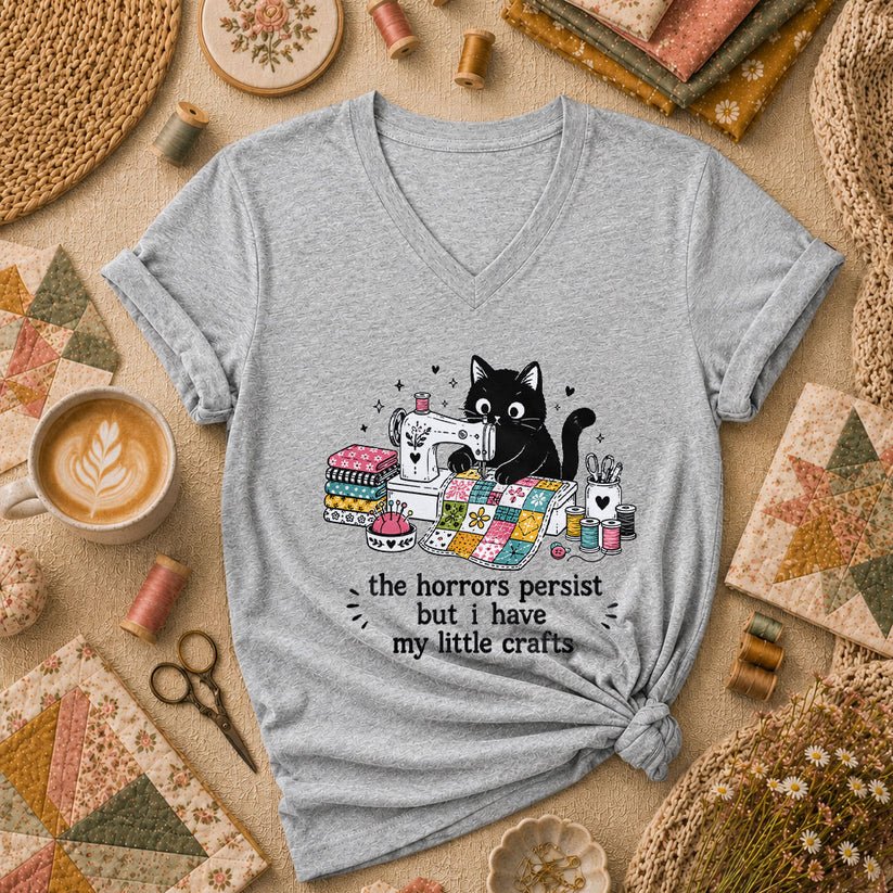 The Horrors Persist But I Have My Little Crafts Cat Women's V-Neck - Athletic Heather