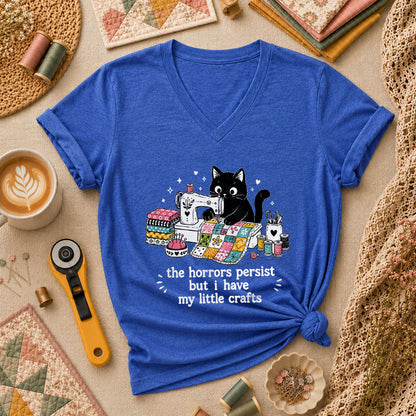 The Horrors Persist But I Have My Little Crafts Cat Women's V-Neck - Heather True Royal