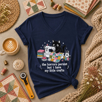 The Horrors Persist But I Have My Little Crafts Cat Women's V-Neck - Navy