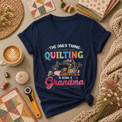 The Only Thing I Love More Than Quilting Is Being A Grandma Women's V-Neck - Navy