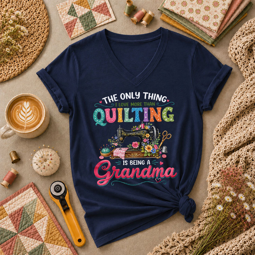 The Only Thing I Love More Than Quilting Is Being A Grandma Women's V-Neck - Navy
