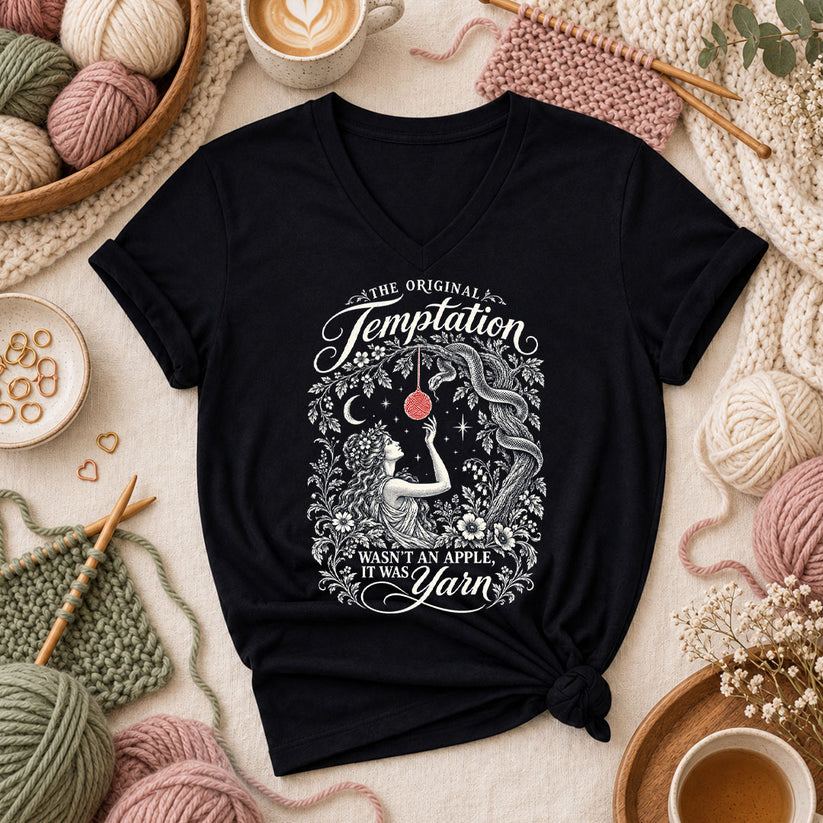 The Original Temptation Wasn't An Apple It Was Yarn Women's V-Neck - Black