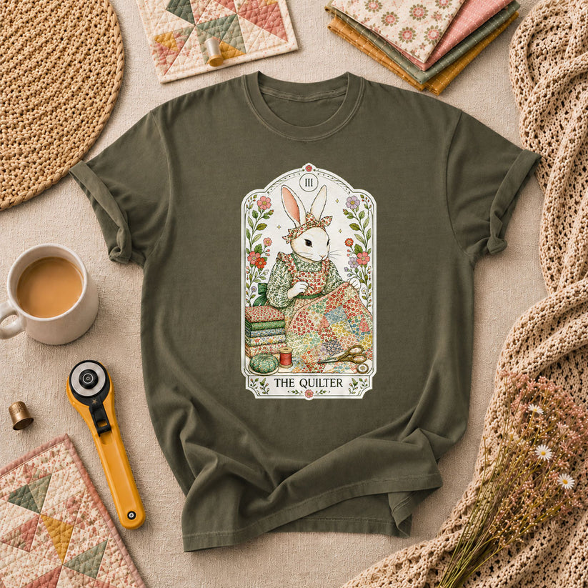 The Quilter Tarot Card Bunny Quilting Vintage T-Shirt - Military Green